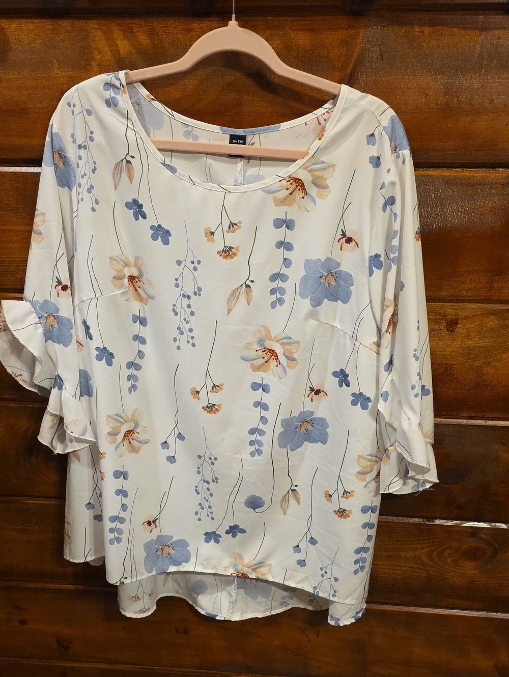 SHEIN White Floral Blouse with Blue and Tan Accents